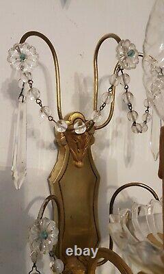 Fabulous Pair of Vintage French Brass Wall Lights with Crystal Swags & Rosettes