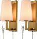 Farmhouse Plug-in Gold Wall Sconces Set of Two Modern Fabric Shade Light