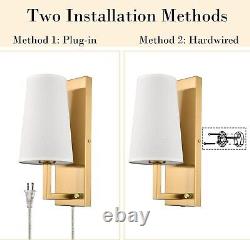 Farmhouse Plug-in Gold Wall Sconces Set of Two Modern Fabric Shade Light