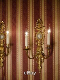 Fine 2 light empire gold bronze pair french wall lamps sconces old brass antique