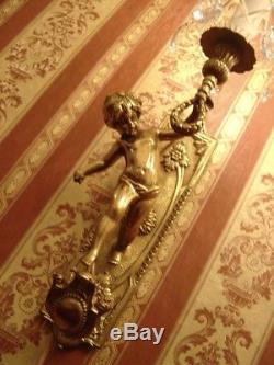 Fine Art Nouveau Big Brass Cherubs Pair Wall Lamps Sconces