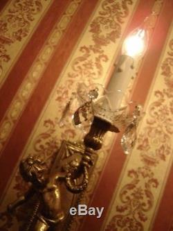 Fine Art Nouveau Big Brass Cherubs Pair Wall Lamps Sconces