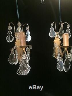 Fine Pair of Vintage French Single light and Gilt Bronze Crystal Wall Sconces