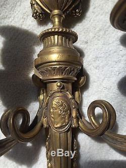 French Antique Dore Guilt Bronze Candelabra Wall Sconces Pair of 2 Late 1800's