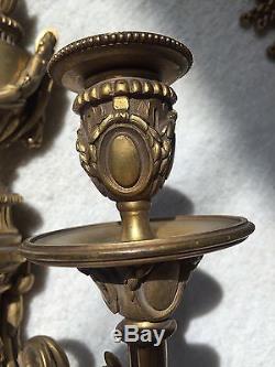 French Antique Dore Guilt Bronze Candelabra Wall Sconces Pair of 2 Late 1800's