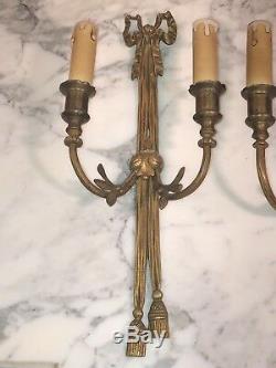 French Antique Pair Bronze Brass Wall Sconces Louis XVI Style
