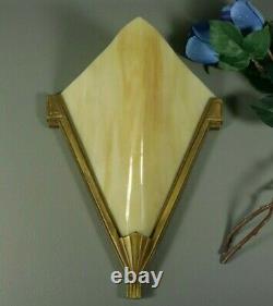 French Antique Slip Shade ART DECO Wall Sconce Lamp Light Brass Slag Glass 1930s