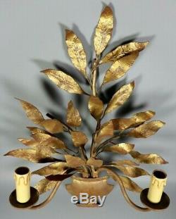 French Antique Tole Gold Leaves Wall Sconce Lamp Hollywood Glam Recency 1950s
