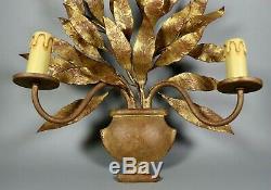 French Antique Tole Gold Leaves Wall Sconce Lamp Hollywood Glam Recency 1950s
