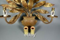 French Antique Tole Gold Leaves Wall Sconce Lamp Maison Bagues Style 1950s