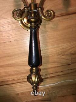 French Empire Black Brass Leather Bouillotte Lamp Wall Hanging Sconce 30