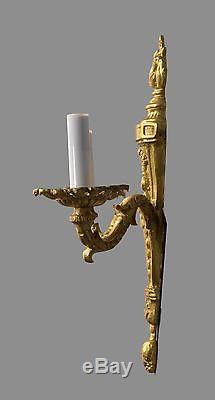 French Empire Gilded Flame Sconces c1930 Vintage Antique Gold Wall Lights