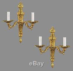 French Empire Gilded Flame Sconces c1930 Vintage Antique Gold Wall Lights