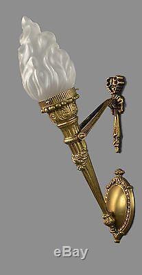 French Flame Brass Ornate Wall Sconces Restored Vintage Antique Gold c1930
