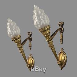 French Flame Brass Ornate Wall Sconces Restored Vintage Antique Gold c1930