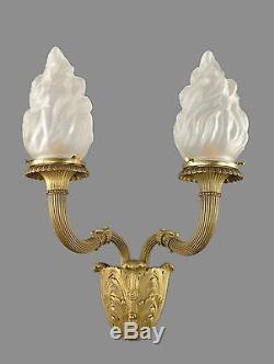 French Flame Bronze Wall Sconces c1930 Vintage Antique Gold Gilded Empire Lights