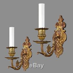 French Gilded Brass Wall Sconces c1910 Vintage Antique Gold Ornate Lights