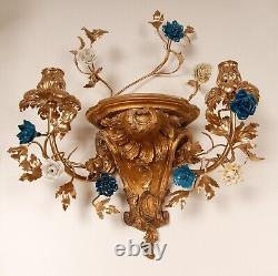 French Giltwood Wall sconces a pair Blue white Buddha Porcelain lamps Baroque