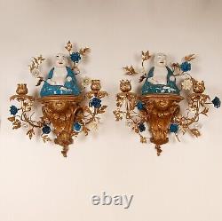French Giltwood Wall sconces a pair Blue white Buddha Porcelain lamps Baroque