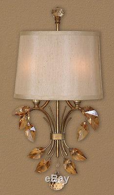 French Leaf 2 Light Gold Metal & Crystal Electric Wall Sconce Chic Lighting