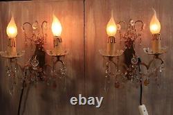 French Murano Glass Gilt Bronze Wall Sconce PAIR Crystals Beads Amber Drops Lamp