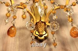 French Murano Glass Gilt Bronze Wall Sconce PAIR Crystals Beads Amber Drops Lamp