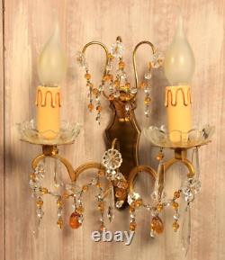 French Murano Glass Gilt Bronze Wall Sconce PAIR Crystals Beads Amber Drops Lamp