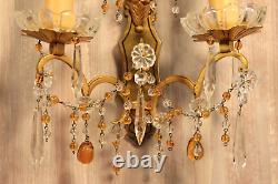 French Murano Glass Gilt Bronze Wall Sconce PAIR Crystals Beads Amber Drops Lamp