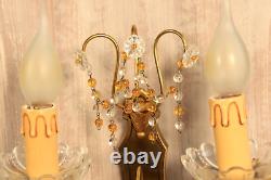 French Murano Glass Gilt Bronze Wall Sconce PAIR Crystals Beads Amber Drops Lamp