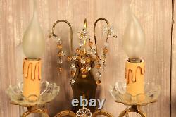 French Murano Glass Gilt Bronze Wall Sconce PAIR Crystals Beads Amber Drops Lamp