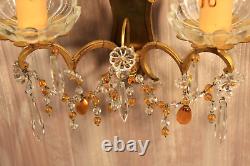 French Murano Glass Gilt Bronze Wall Sconce PAIR Crystals Beads Amber Drops Lamp