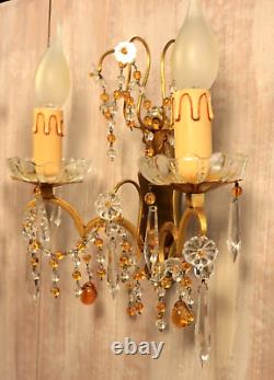 French Murano Glass Gilt Bronze Wall Sconce PAIR Crystals Beads Amber Drops Lamp