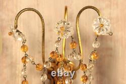 French Murano Glass Gilt Bronze Wall Sconce PAIR Crystals Beads Amber Drops Lamp