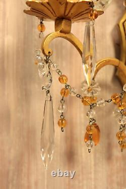 French Murano Glass Gilt Bronze Wall Sconce PAIR Crystals Beads Amber Drops Lamp