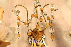 French Murano Glass Gilt Bronze Wall Sconce PAIR Crystals Beads Amber Drops Lamp