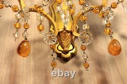 French Murano Glass Gilt Bronze Wall Sconce PAIR Crystals Beads Amber Drops Lamp