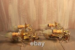 French Murano Glass Gilt Bronze Wall Sconce PAIR Crystals Beads Amber Drops Lamp