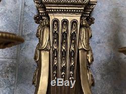 French Neoclassical Vintage Pair Dore Gilt Brass Bronze Wall Sconces