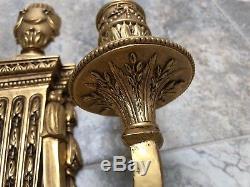French Neoclassical Vintage Pair Dore Gilt Brass Bronze Wall Sconces