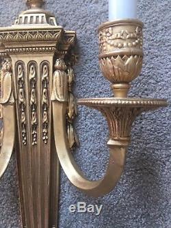 French Neoclassical Vintage Pair Gilt Brass Bronze Wall Sconces