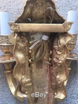 French Neoclassical Vintage Pair Gilt Brass Bronze Wall Sconces