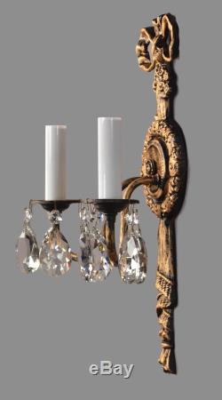 French Regency Smelter Crystal Wall Sconces c1930 Vintage Antique Glass Wall