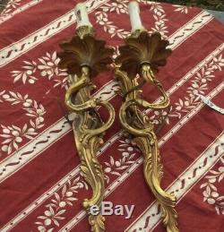 French Rococo Brass Wall Mounted Sconce Light Fixture Pair Bronze Metal Gold