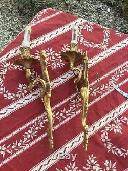 French Rococo Brass Wall Mounted Sconce Light Fixture Pair Bronze Metal Gold