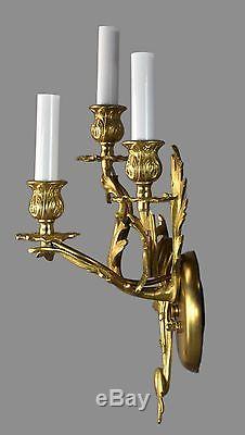 French Rococo Brass Wall Sconces c1950 Vintage Antique Ornate Gold Gilt Lights