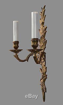 French Rococo Gilded Bronze Wall Sconces c1930 Vintage Antique Brass Gold Wall