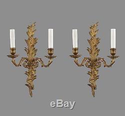 French Rococo Gilded Bronze Wall Sconces c1930 Vintage Antique Brass Gold Wall