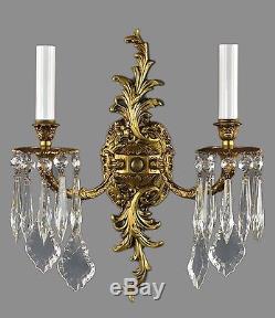 French Rococo Styled Bronze Sconces c1950 Vintage Antique Gold Ornate Wall Light