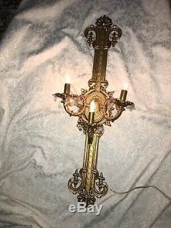 French Style Fleur-de-Lis 3-Light Gold Gilt Solid Brass Electrified Wall Sconces