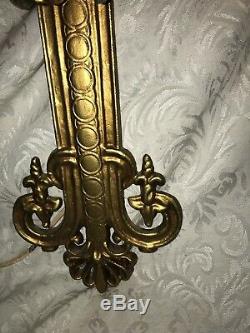 French Style Fleur-de-Lis 3-Light Gold Gilt Solid Brass Electrified Wall Sconces